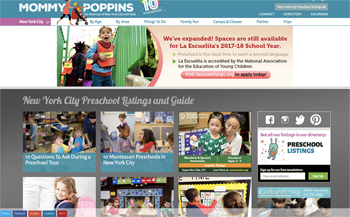 Mommy Poppinsウェブサイトの「New York City Preschool Listings and Guide」ページ。サイト内で各地域のスクールリストも検索できる