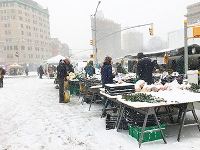 雪でもファーマーズマーケットは開催 （ブルックリン区グランド・アーミー・プラザで2017年１月７日撮影。Asami Kato / 本紙）