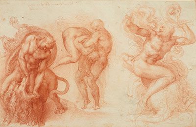 Michelangelo Buonarroti. Italian, Caprese 1475–1564 Rome　Three Labours of Hercules　Drawing 1530–33　Red chalk　sheet: 10 11/16 x 16 5/8 in. (27.2 x 42.2 cm)　Lent by Her Majesty Queen Elizabeth II (RCIN 912770)　SL.6.2017.48.5 