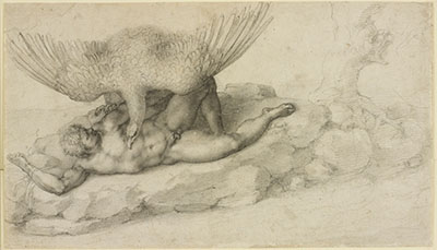 Michelangelo Buonarroti. Italian, Caprese 1475–1564 Rome Tityus (recto); Sketches for a Resurrection of Christ (verso) Drawing ca. 1530–32 Black chalk sheet: 7 1/2 x 13 in. (19 x 33 cm) Lent by Her Majesty Queen Elizabeth II (RCIN 12771) SL.6.2017.48.6