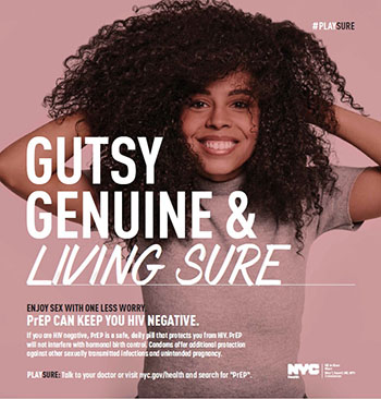 「Living Sure」キャンペーンのポスター。PrEPおよびＤＯＨ運営のセクシュアルヘルスクリニックの詳細はウェブサイトhttps://www1.nyc.gov/site/doh/services/sexual-health-clinics.pageを参照
