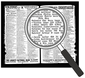 1910年版のビジネスディレクトリー。主要商店やその経営者の名前がアルファベット順に掲載されている
