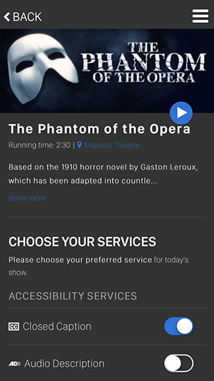 アプリ内、「オペラ座の怪人」の画面