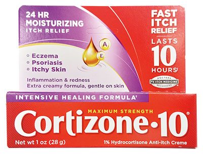 「Cortisone 10 Maximum Strength」 有効成分と容量： Hydrocortisone 1%