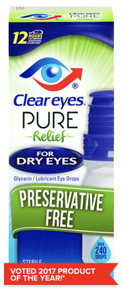 「Clear Eyes Pure Relief For Dry Eyes」 有効成分と容量： Glycerin 0.25%