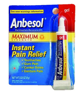 「Anbesol Maximum Strength Instant Pain Relief Gel」 有効成分と容量：Benzocaine 20%