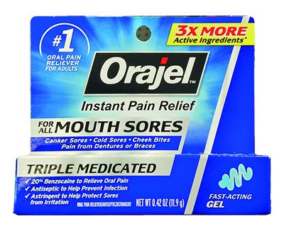 「Orajel Instant Pain Relief For All Mouth Sores」 有効成分と容量：Benzocaine 20%