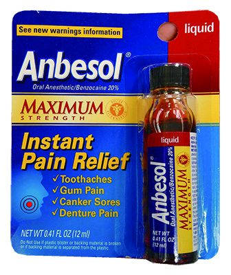 「Anbesol Maximum Strength Instant Pain Relief Liquid」 有効成分と容量：Benzocaine 20%